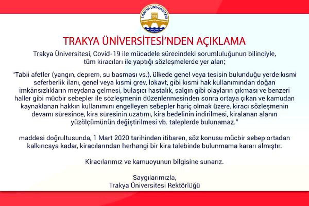 Trakya Üniversitesi\'nden, kira alınmaması kararı
