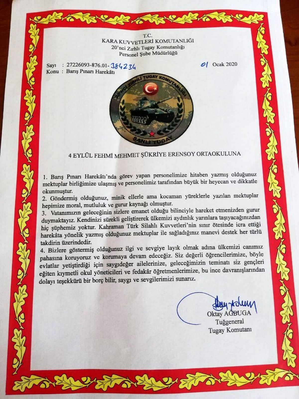 TSK\'dan öğrencilere teşekkür belgesi