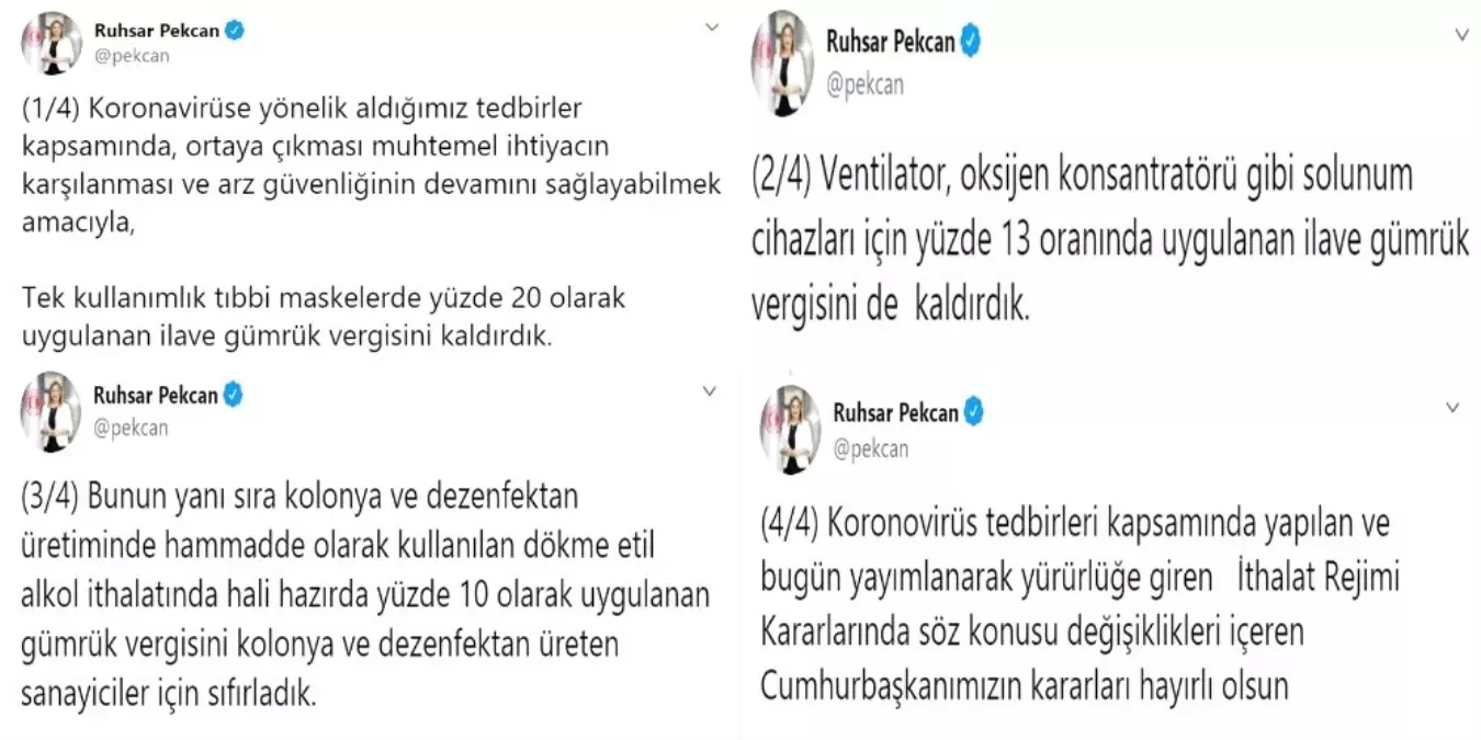 Bakan Pekcan: "Tek kullanımlık tıbbi maskelerde yüzde 20 olarak uygulanan ilave gümrük vergisini...