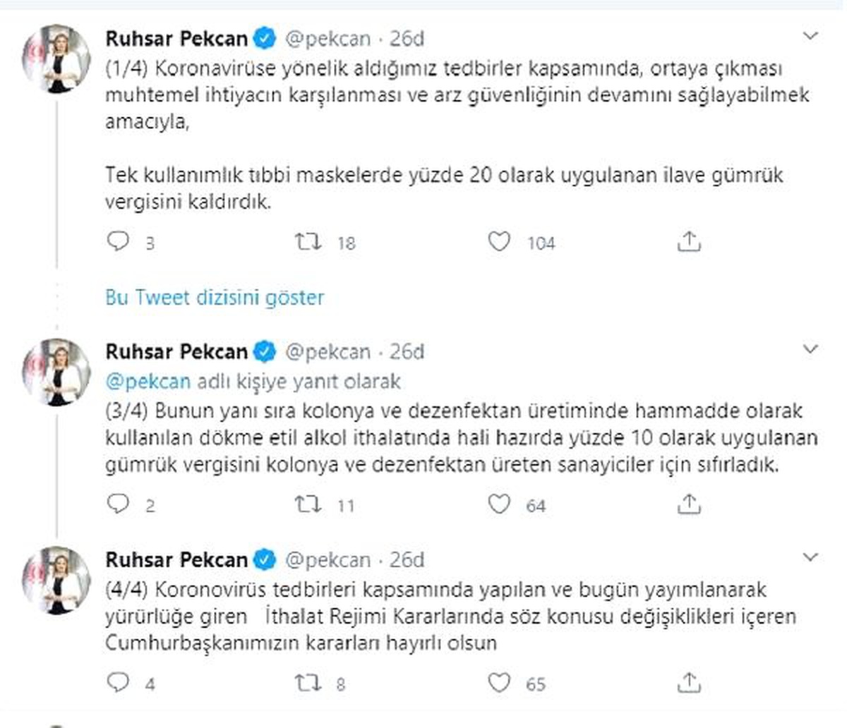 Bakan Pekcan: Tek kullanımlık tıbbı maskelerde ilave gümrük vergisini kaldırdık