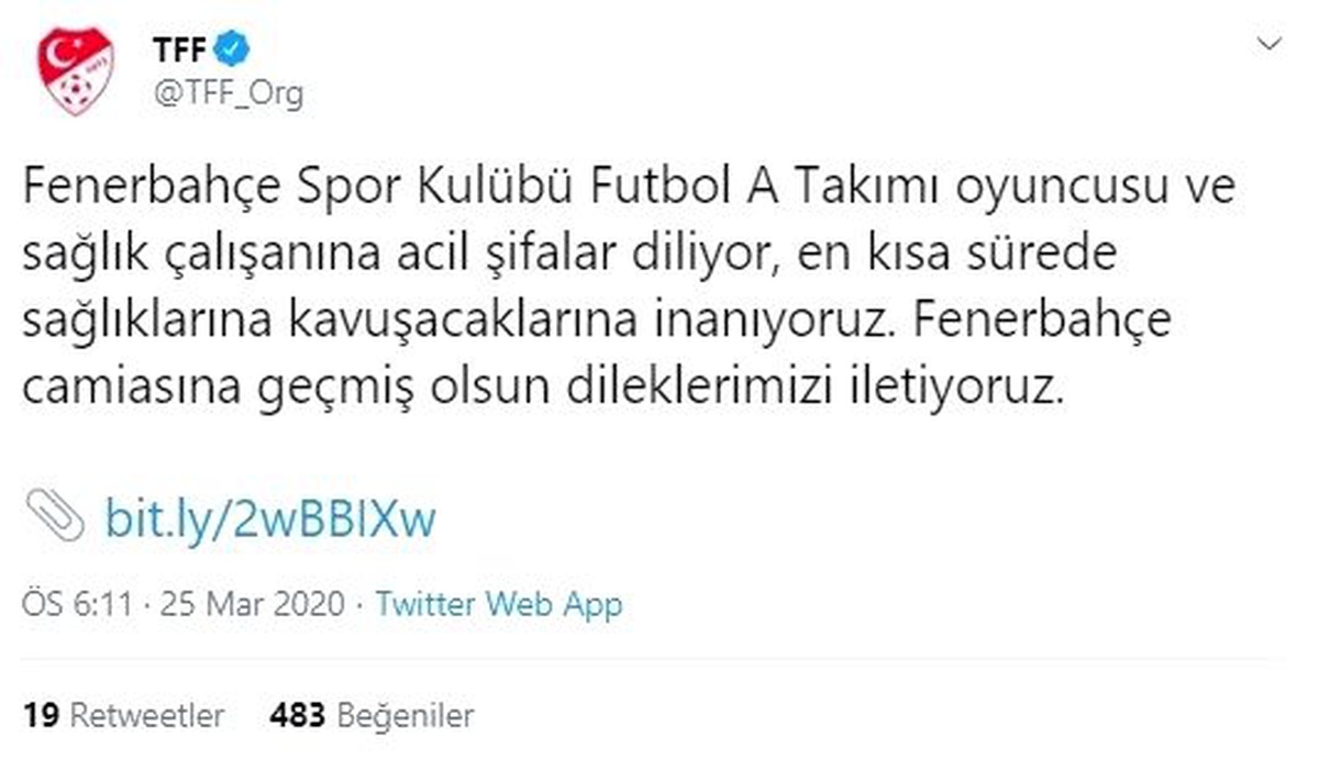 TFF\'den Fenerbahçe\'ye geçmiş olsun mesajı
