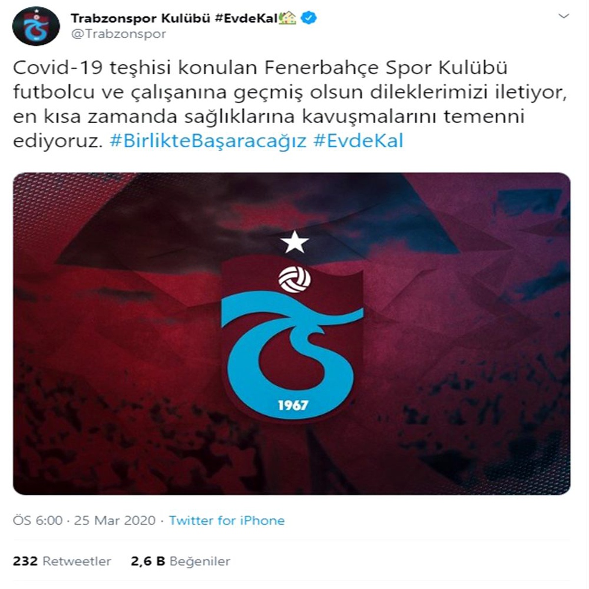 Trabzonspor\'dan Fenerbahçe\'ye geçmiş olsun mesajı