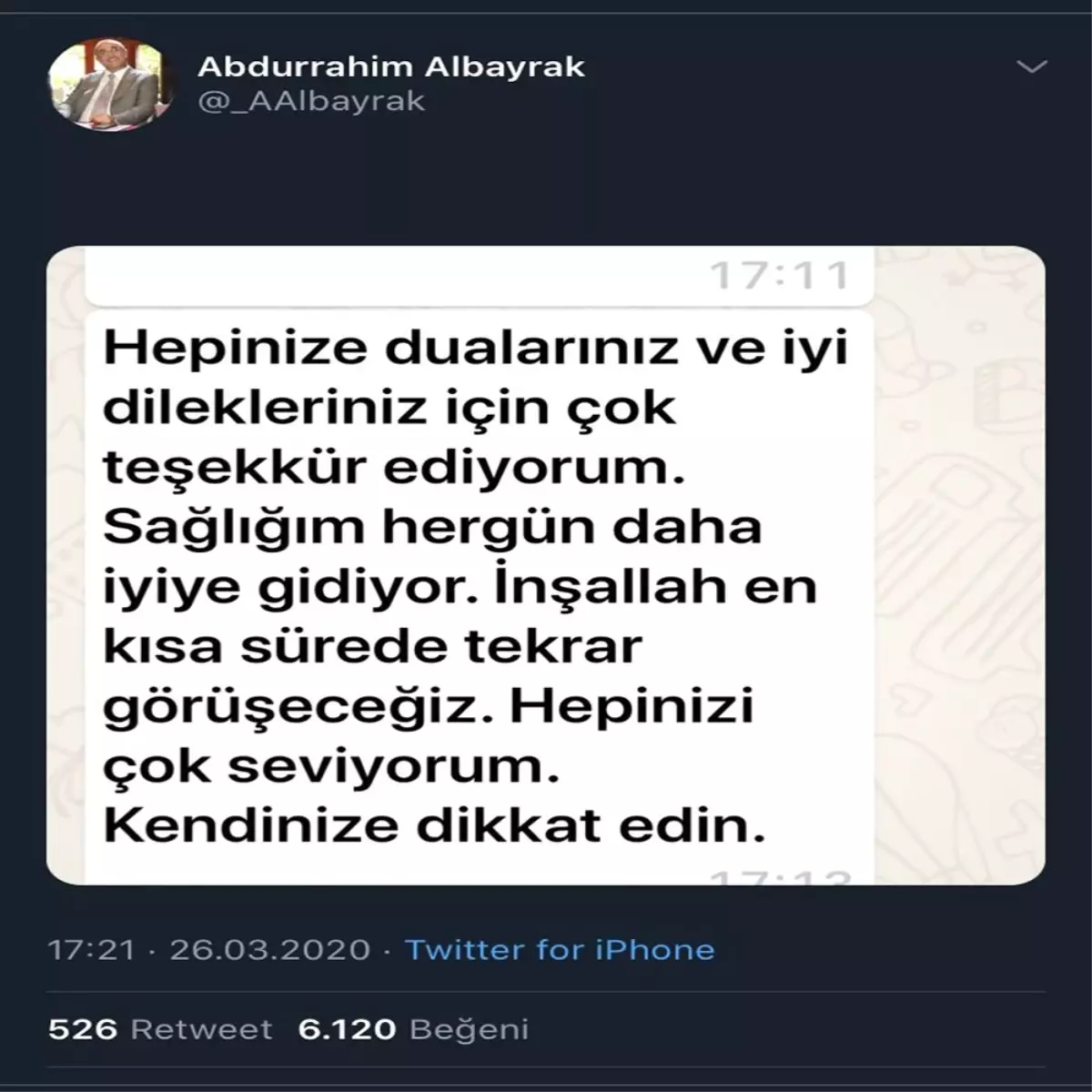 Abdurrahim Albayrak: "Sağlığım her gün daha iyiye gidiyor"