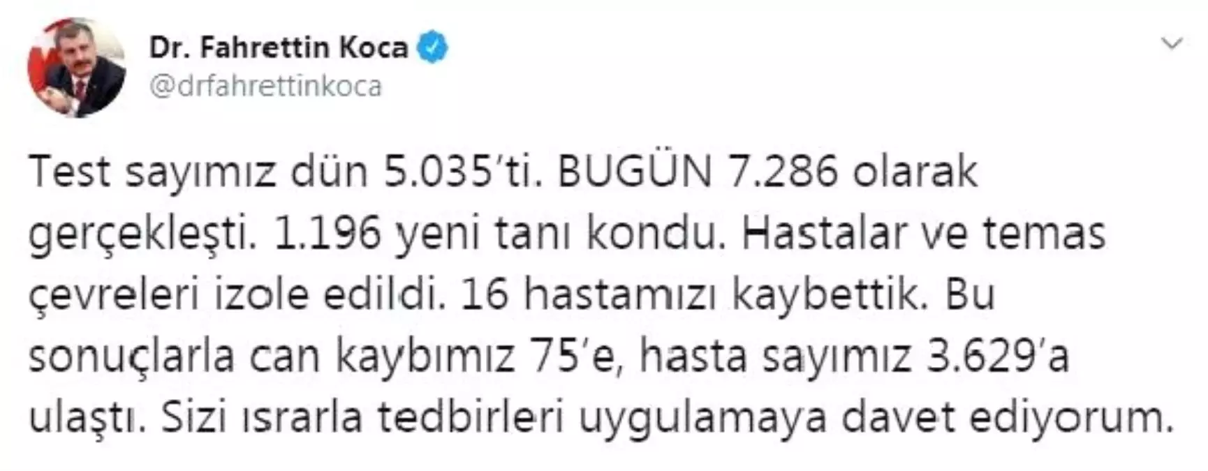 Bakan Koca: Can kaybımız 75\'e, hasta sayımız 3629\'a ulaştı