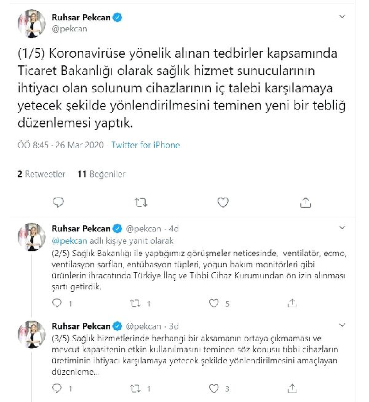 Bakan Pekcan: Solunum cihazı ihracatı ön izne bağlandı