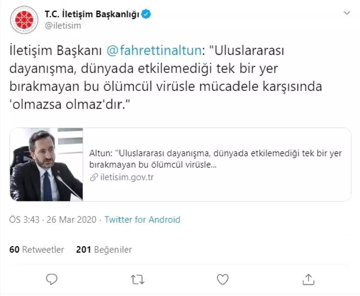 İletişim Başkanı Altun: Uluslararası dayanışma olmazsa olmaz