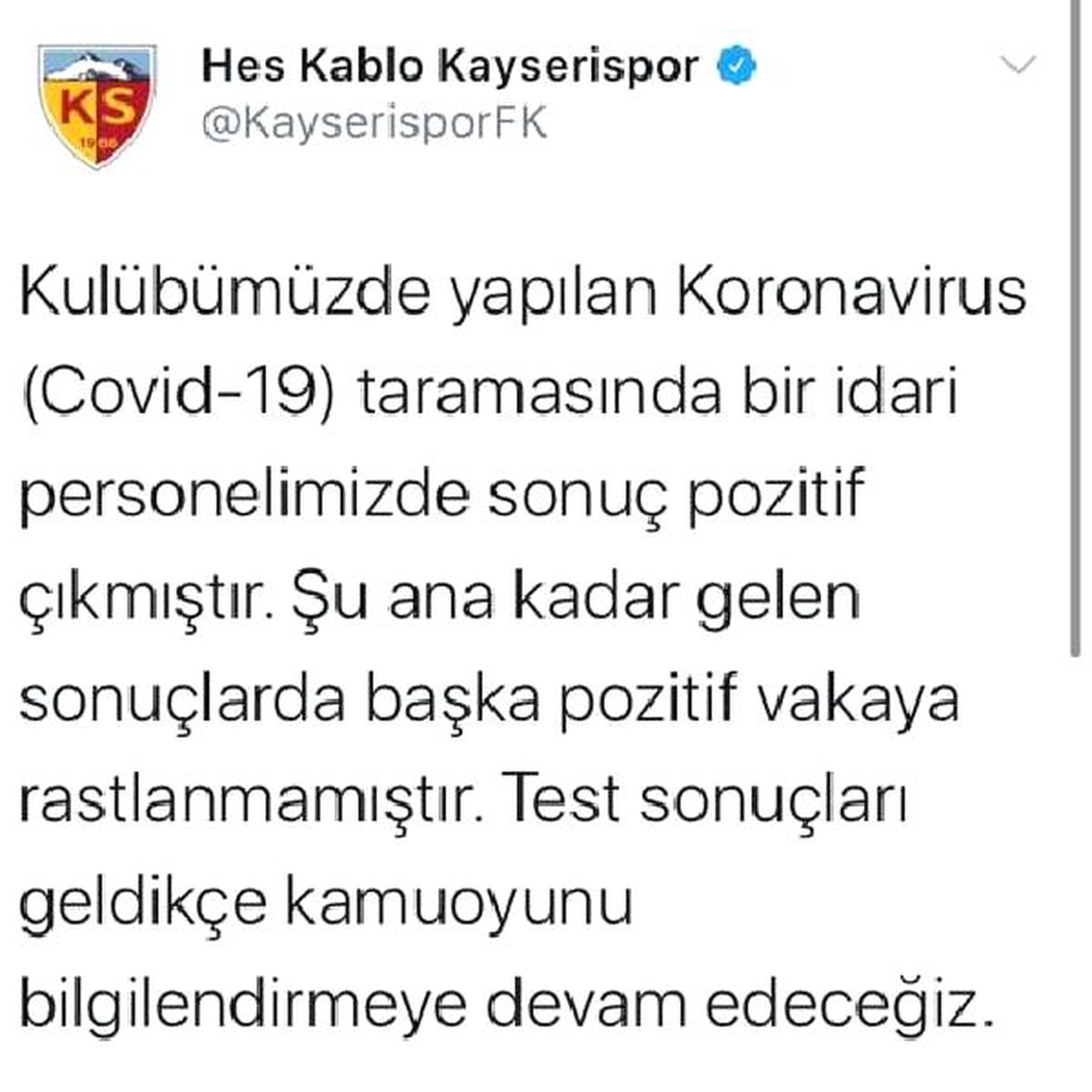 Kayserispor\'da 1 idari personelin koronavirüs testi pozitif çıktı