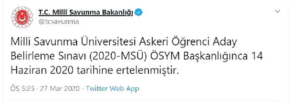 MSB: Askeri Öğrenci Aday Belirleme Sınavı 14 Haziran\'a ertelendi