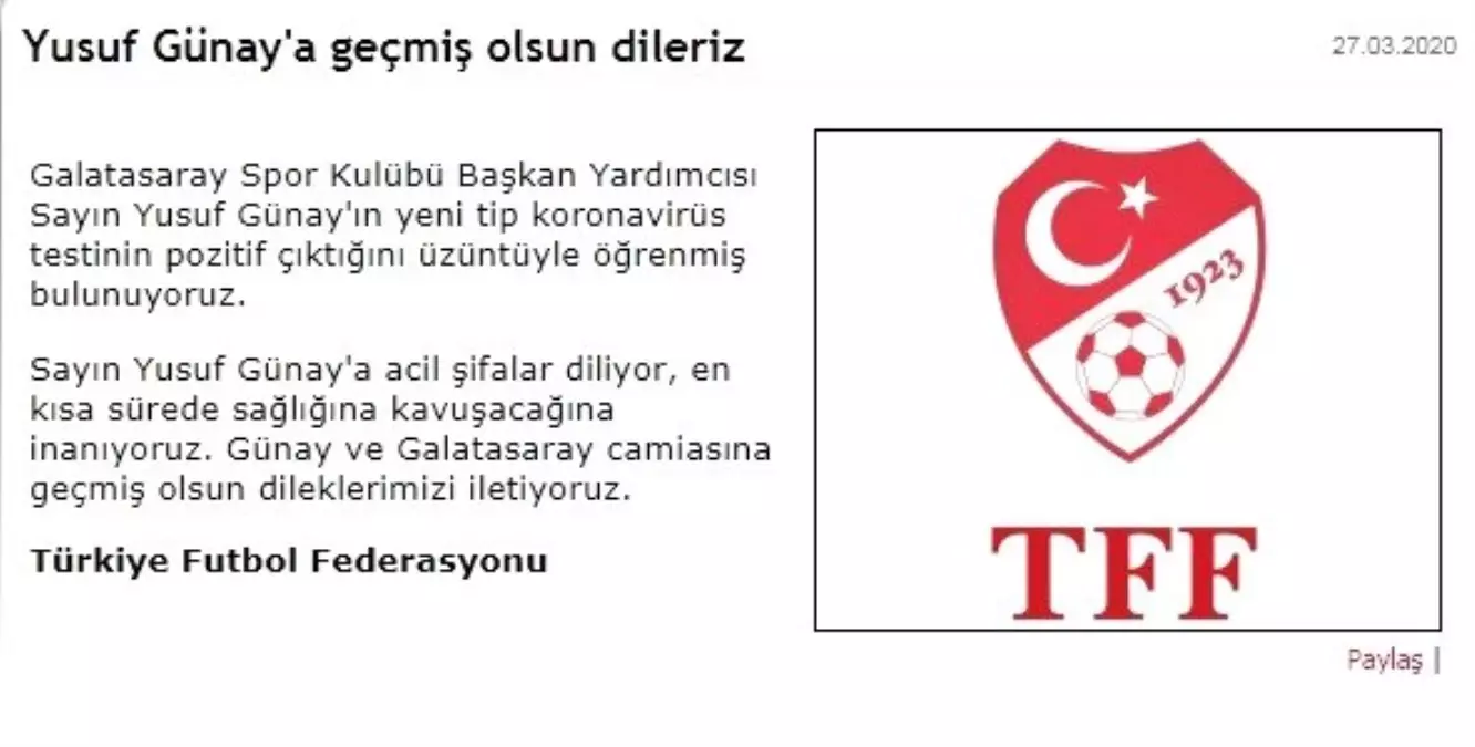 TFF\'den Yusuf Günay\'a \'geçmiş olsun\' mesajı