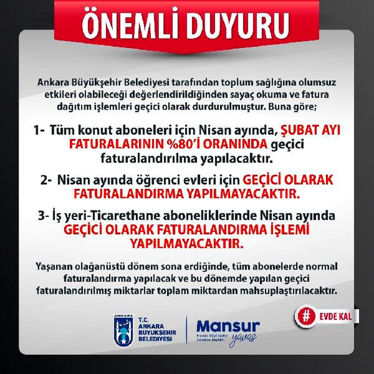Ankara\'da su faturalarında düzenleme