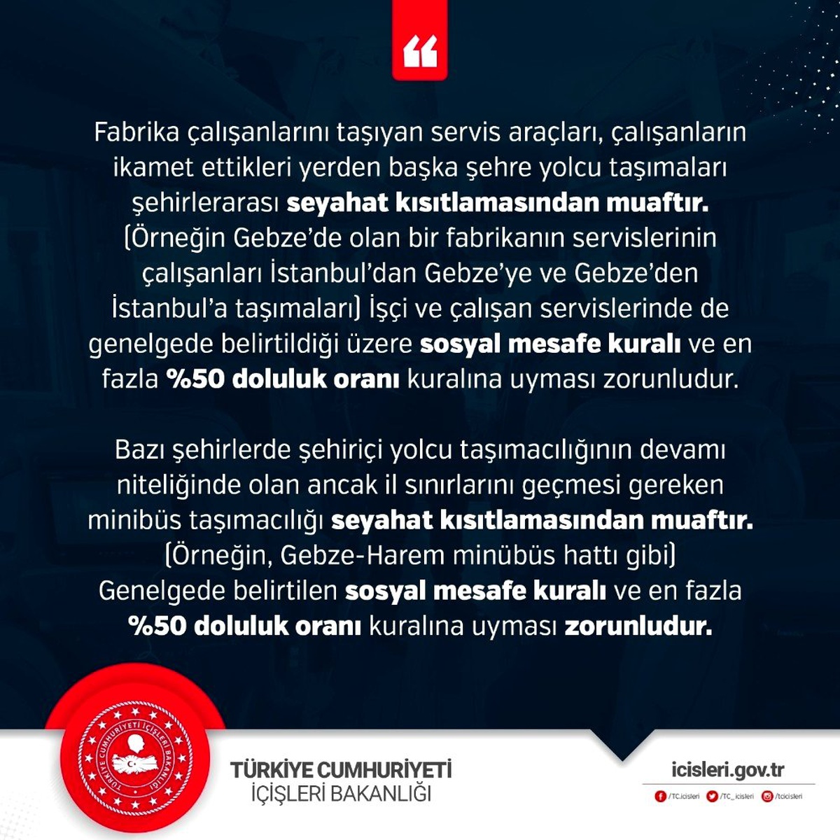 İçişleri Bakanlığından yolcu taşımacılığına ilişkin ek genelge