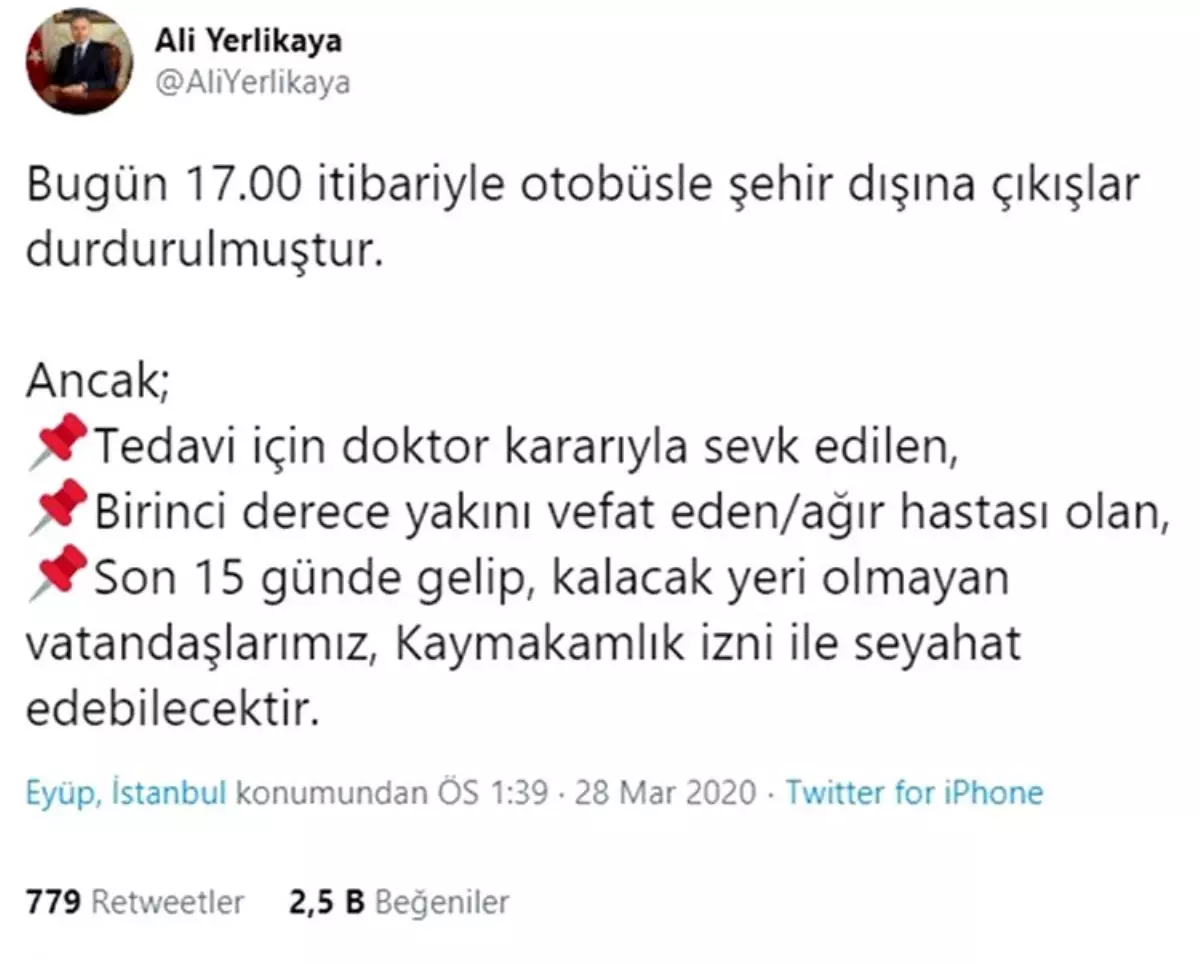 İstanbul Valisi Yerlikaya: "Bugün 17.00 itibariyle otobüsle şehir dışına çıkışlar durdurulmuştur"