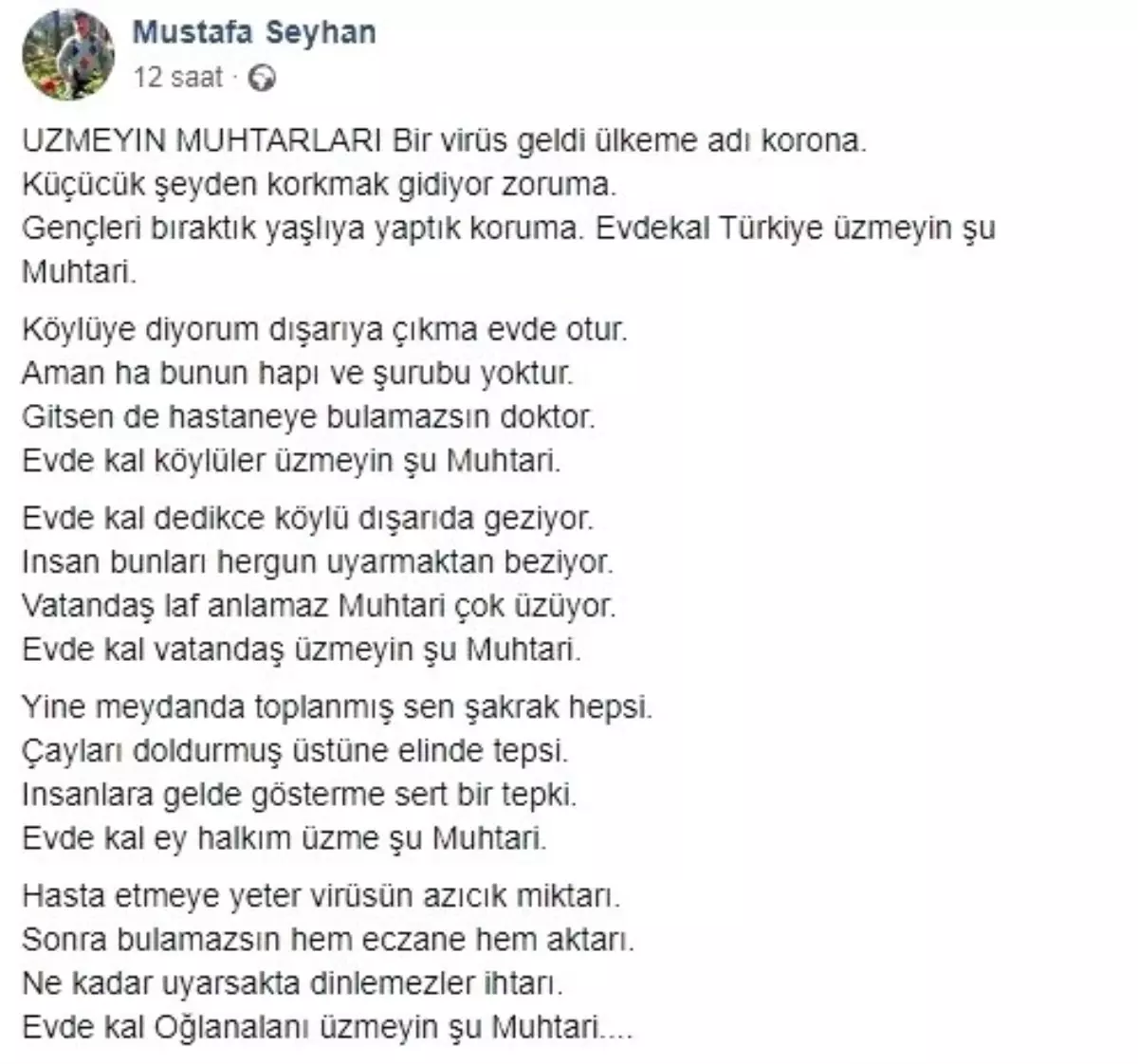 Çanakkaleli muhtardan korona şiiri