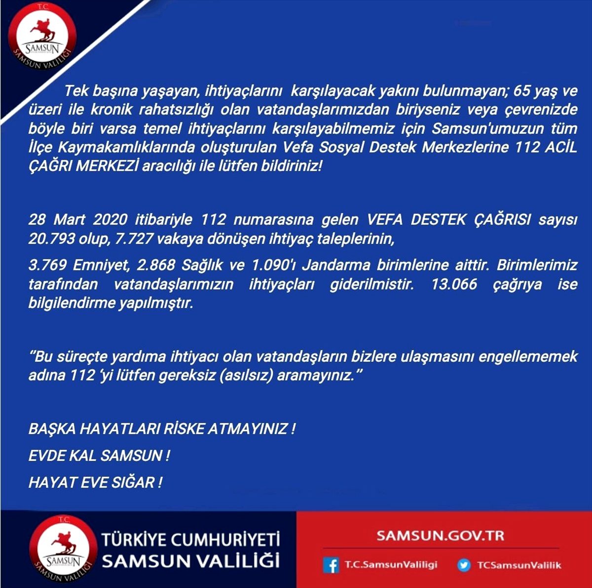 Samsun\'da Vefa Sosyal Destek Merkezine 20 bin 793 çağrı geldi