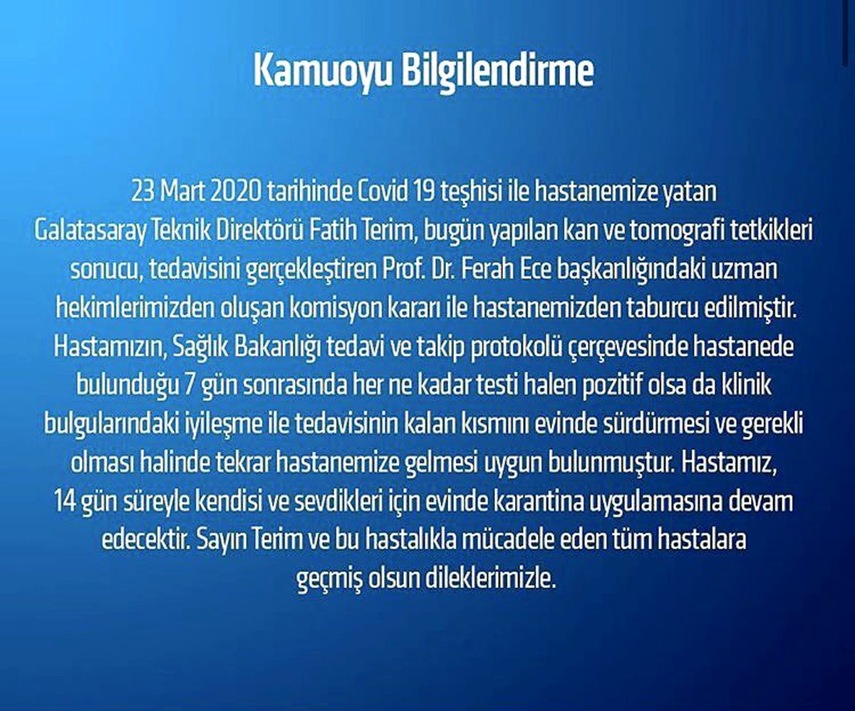 Fatih Terim taburcu edildi! İşte Terim\'in kaldığı hastaneden yapılan açıklama
