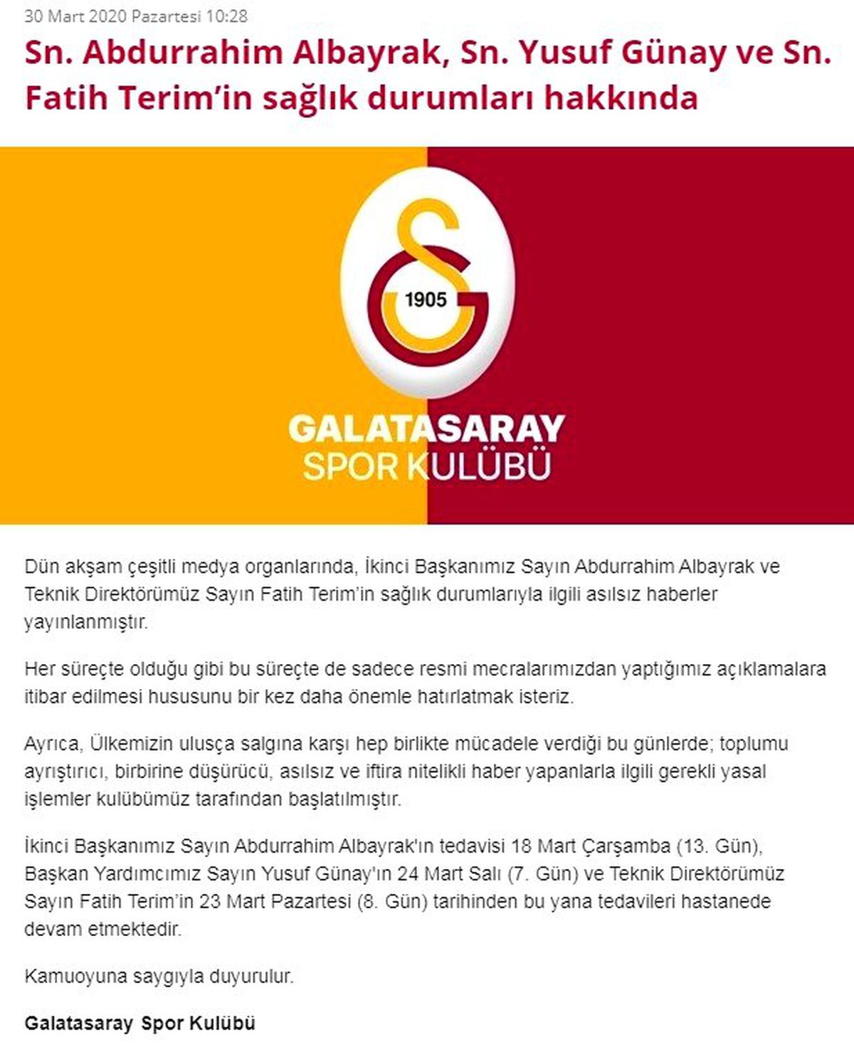 Galatasaray\'dan koronavirüs açıklaması: "Fatih Terim ve Abdurrahim Albayrak..."