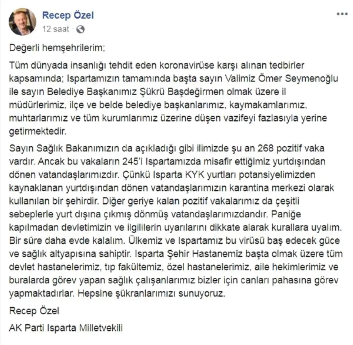 AK Parti\'li Özel: Isparta\'daki koronavirüs vakalarının 245\'i misafir edilenler