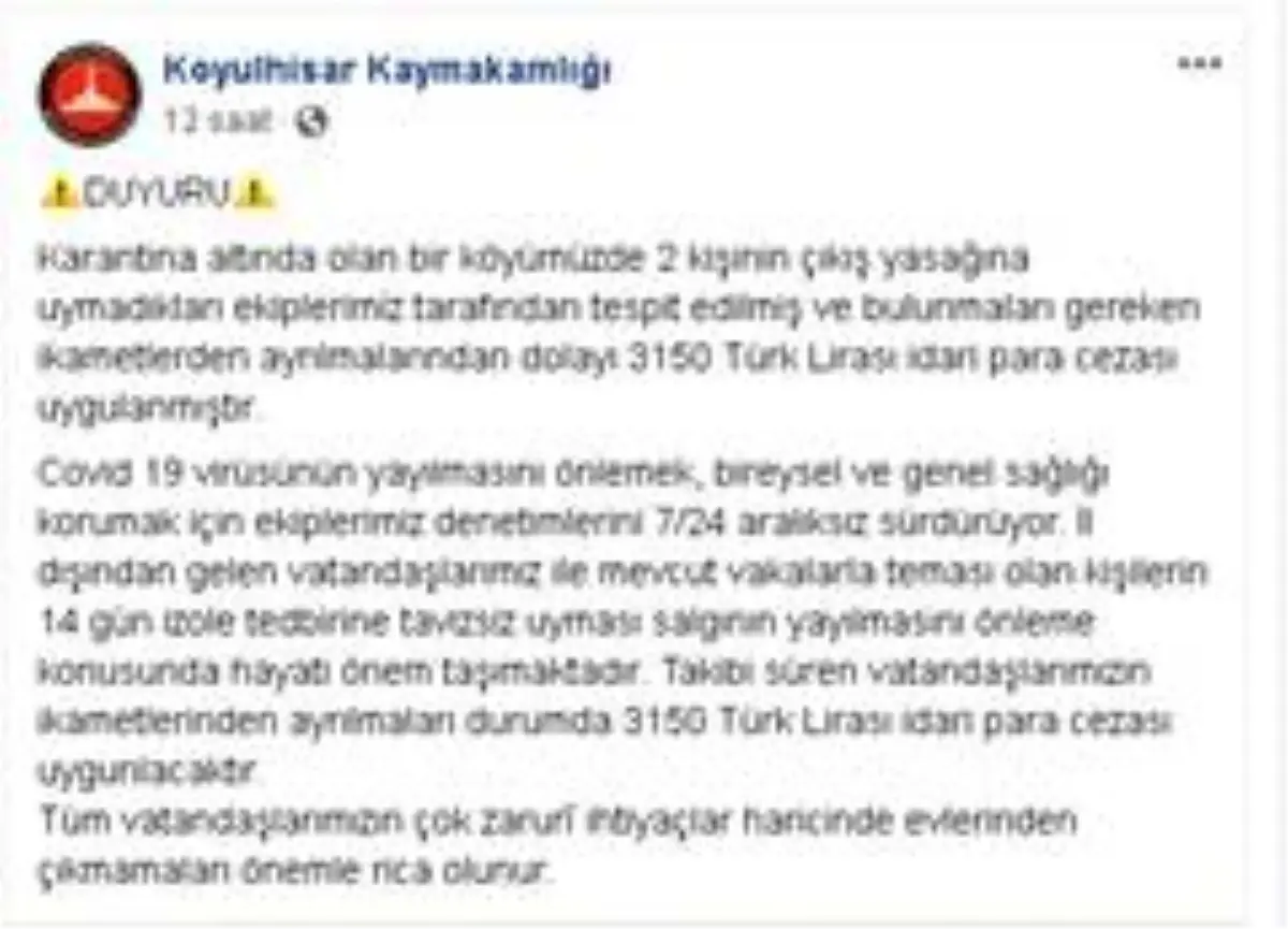 Karantinaya uymayan şahıslara para cezası