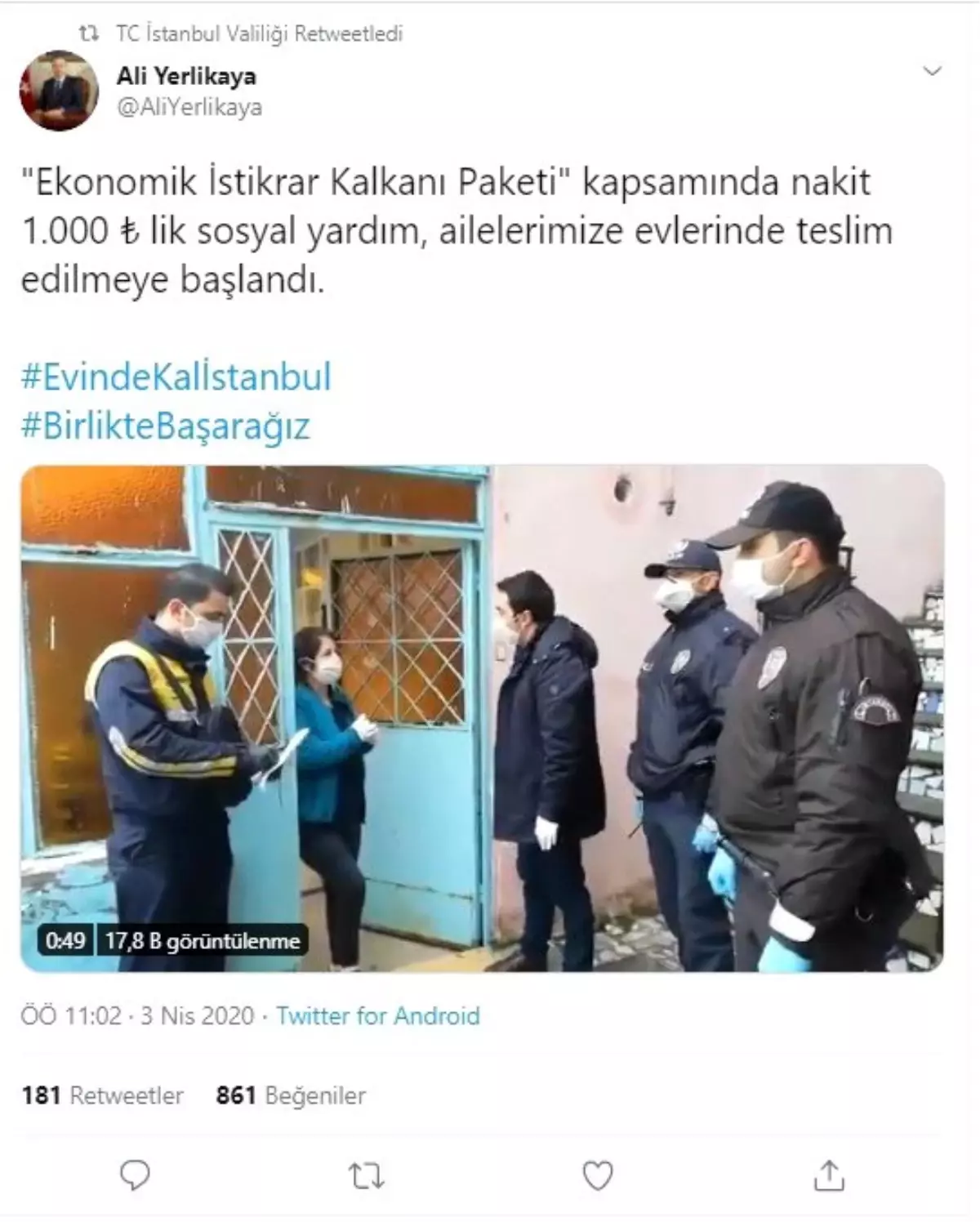 İstanbul\'da bin TL sosyal yardım, ailelere evlerinde teslim edilmeye başlandı