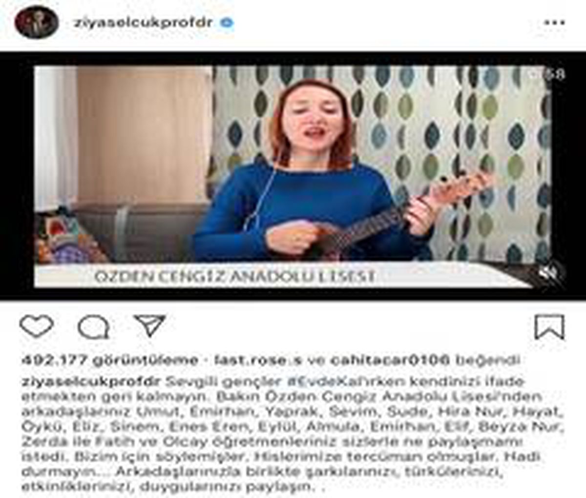 Bakan Selçuk liseli öğrencilerin \'EvdeKal\' şarkısını paylaşarak destek oldu