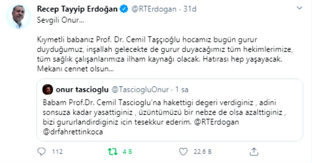 Cumhurbaşkanı Erdoğan'dan koronavirüsten ölen Prof. Dr. Cemil Taşçıoğlu'nun oğluna mesaj