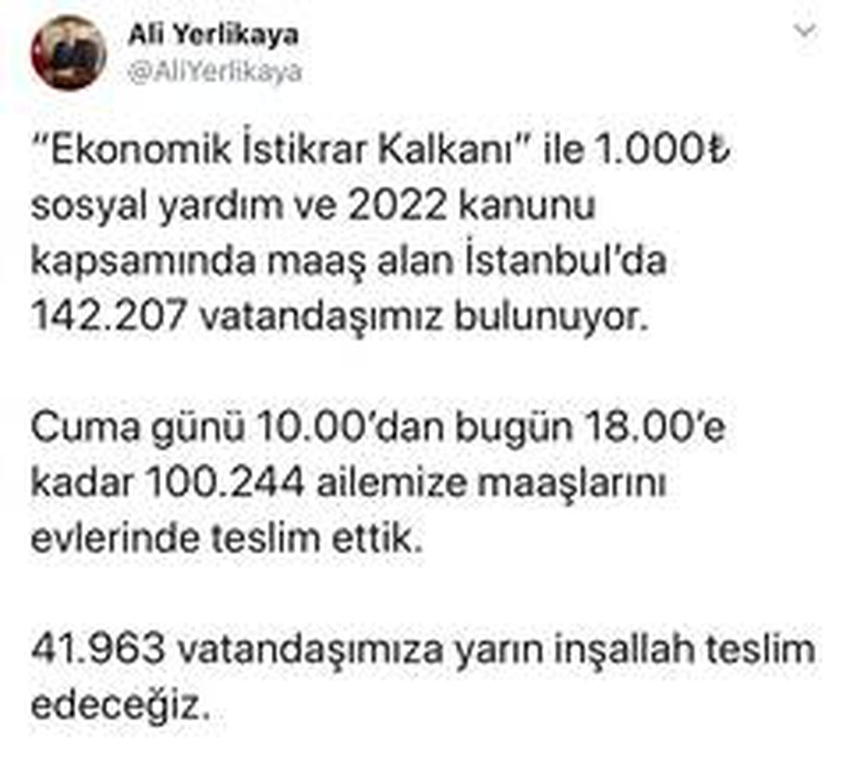 Vali Yerlikaya\'dan bin TL sosyal yardımın evde teslim edilmesiyle ilgili paylaşım