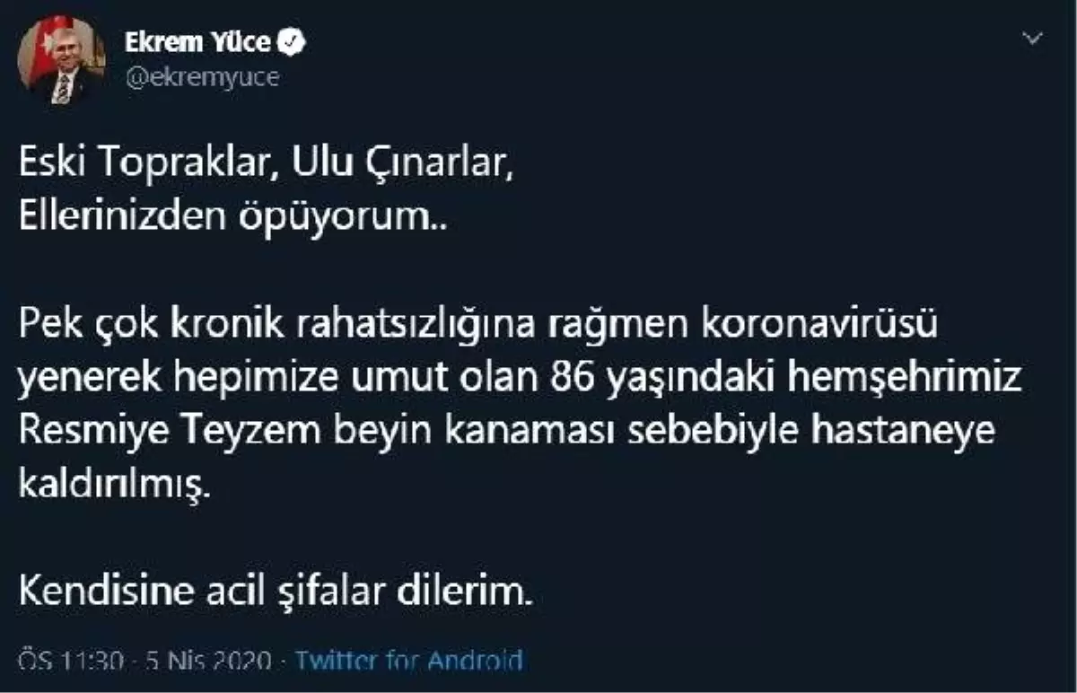 Koronavirüs tedavisi görüp iyileşen Resmiye nine, beyin kanaması geçirdi