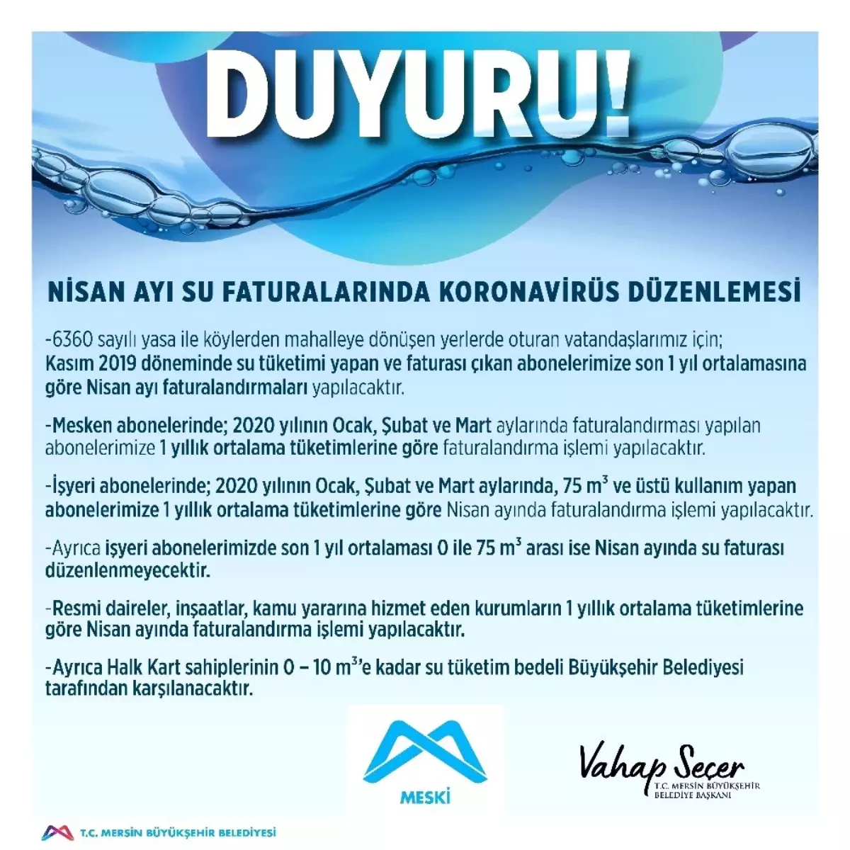 Mersin\'de nisan ayı su faturalarında korona virüs düzenlemesi