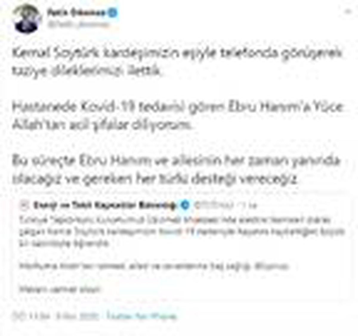 Bakan Dönmez\'den, koronavirüsten ölen elektrik teknikerinin eşine taziye telefonu