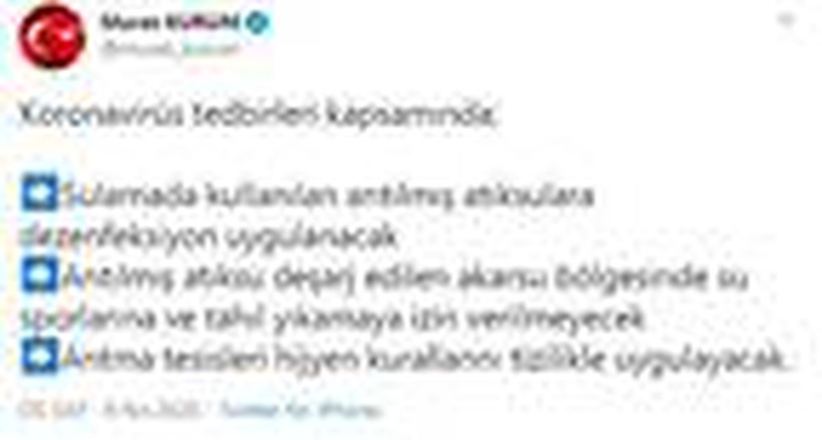 Bakan Kurum: Sulamada kullanılan arıtılmış atık sulara dezenfeksiyon uygulanacak