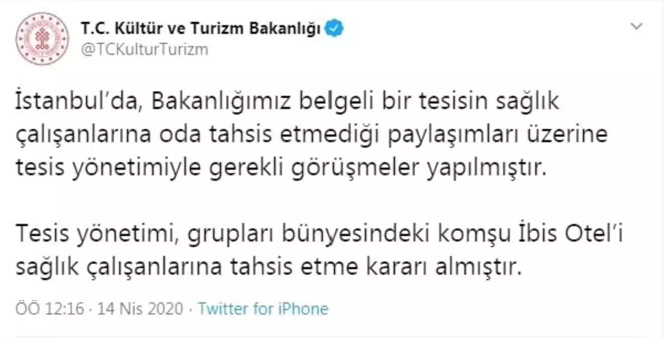 Kültür ve Turizm Bakanlığından \'Sağlık çalışanlarına oda tahsis edilmediği\' iddialarına yanıt