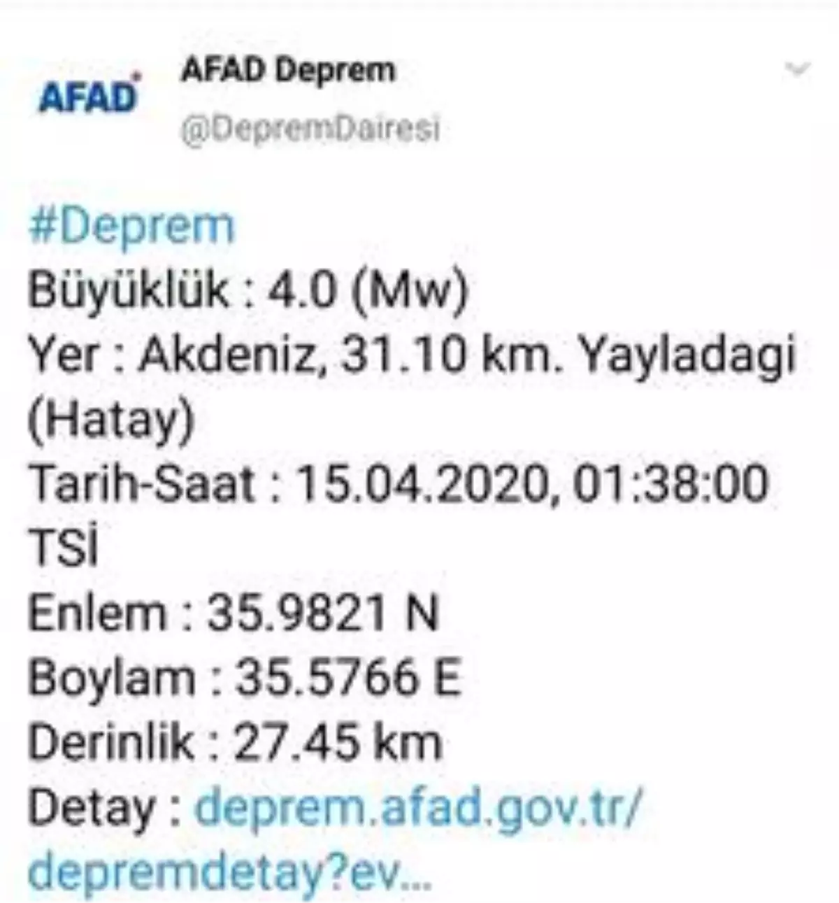 Akdeniz\'de 4.0 büyüklüğündeki deprem meydana geldi.