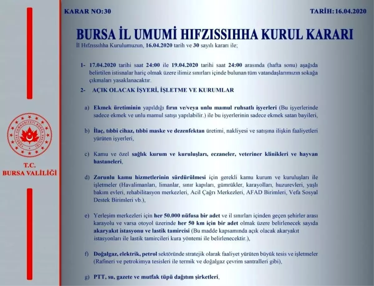 Bursa\'da sokağa çıkma yasağına ilişkin kararlar açıklandı