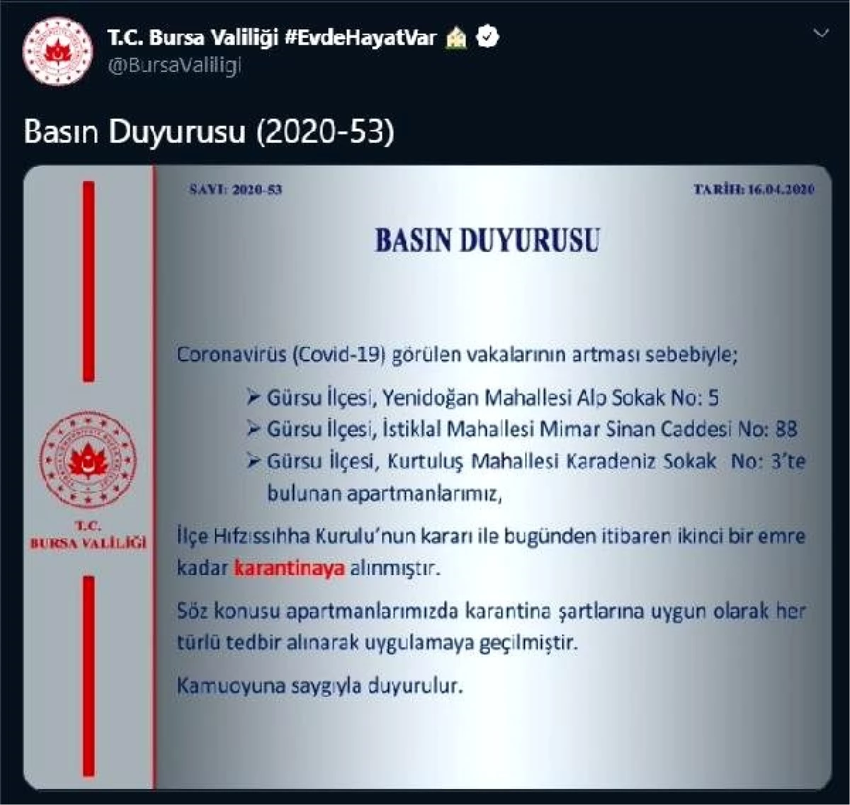 Bursa\'nın Gürsu ilçesinde 3 apartman karantinaya alındı