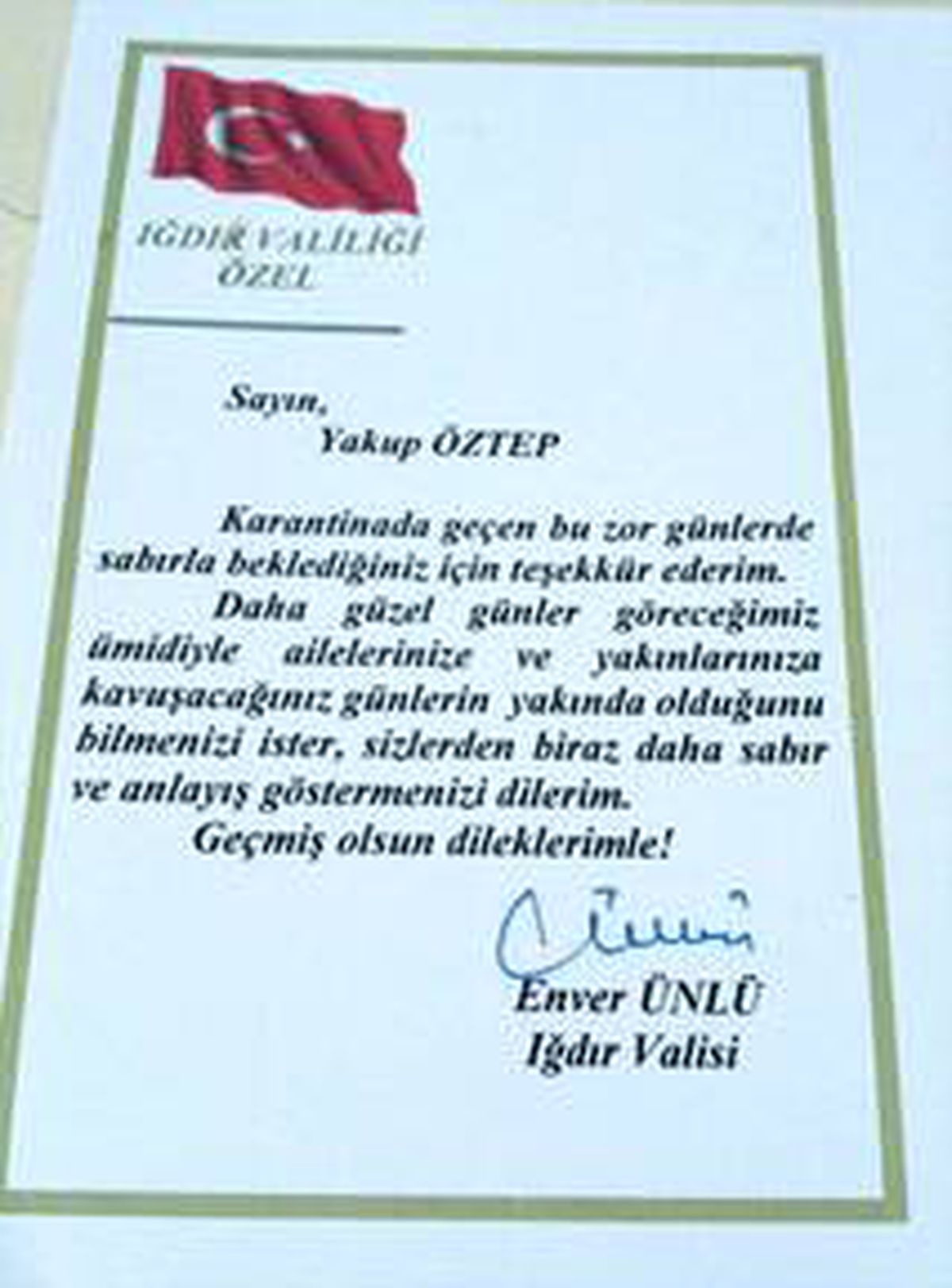 Iğdır Valisi Ünlü karantinada bekleyenlere sabrettikleri için "Teşekkür Belgesi" verdi