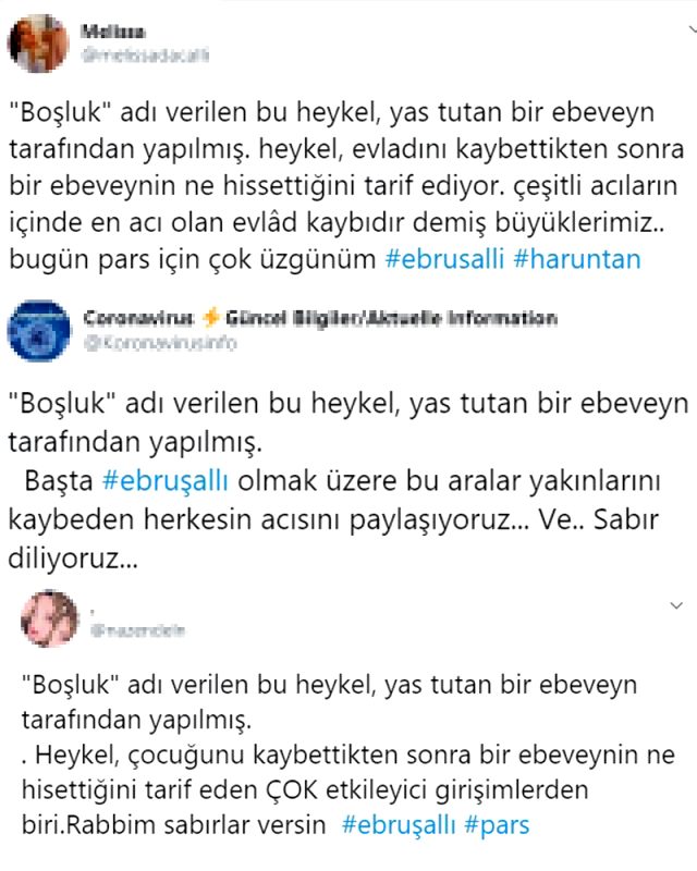 Sosyal medya kullanıcıları Ebru Şallı'nın oğlunun ölümünün ardından Boşluk Heykeli'ni paylaşarak başsağlığı diledi