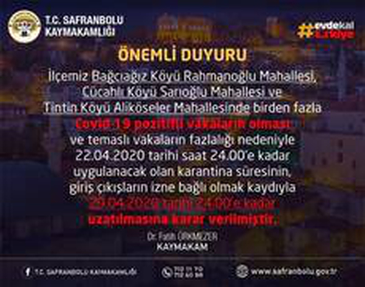 Safranbolu\'da 3 köyün mahallelerinde karantina süresi uzatıldı