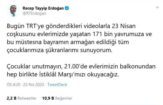 Son Dakika: Cumhurbaşkanı Erdoğan'dan 23 Nisan çağrısı: Çocuklar unutmayın, 21.00'de hep birlikte İstiklâl Marşı'mızı okuyacağız