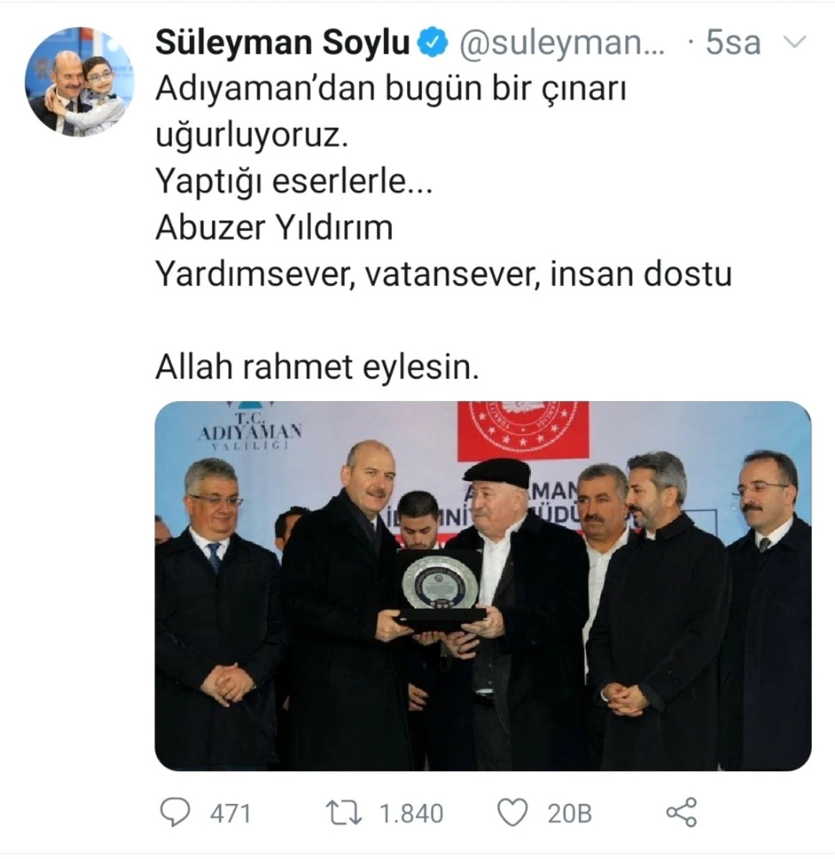 Bakan Soylu\'dan Abuzer Yıldırım için başsağlığı mesajı