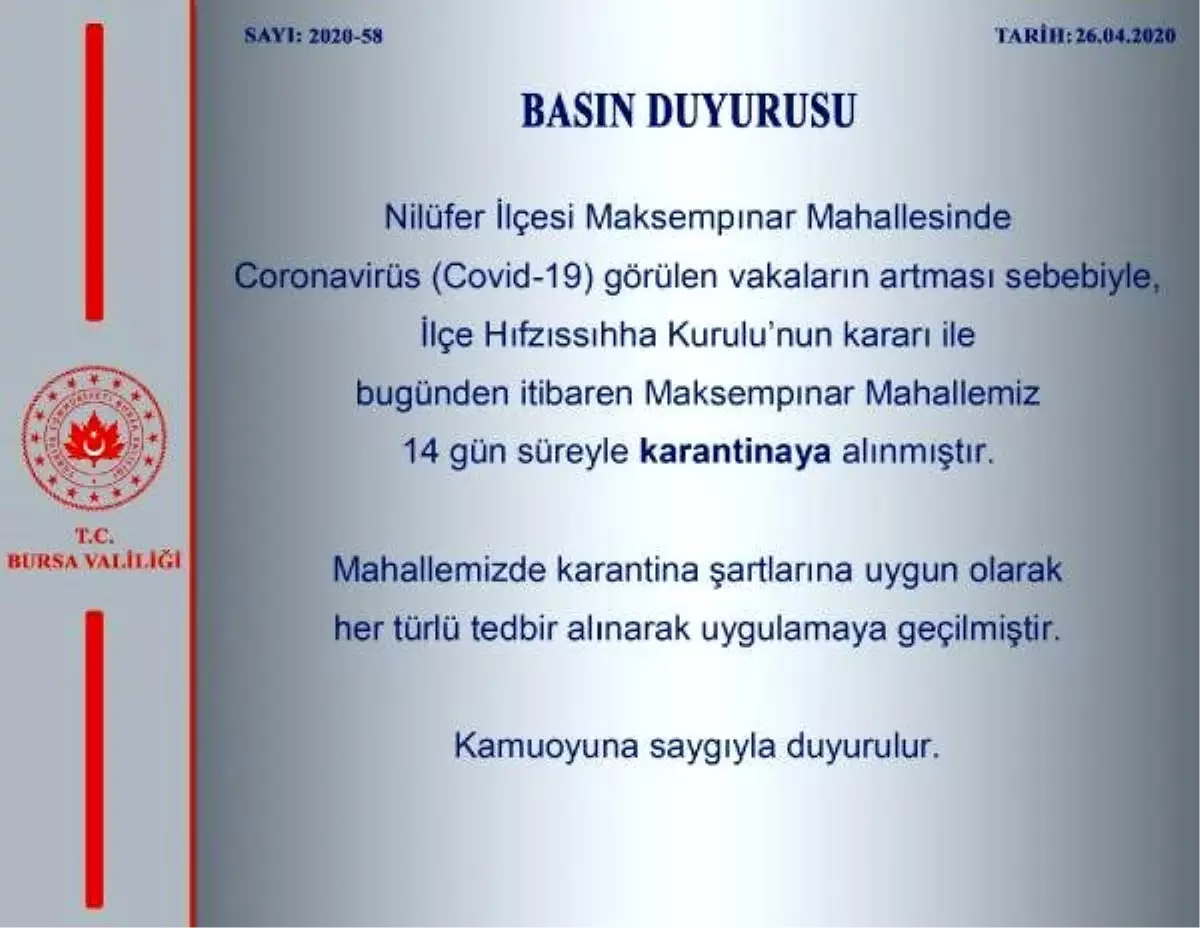 Bursa\'da 1 mahalle daha karantinaya alındı