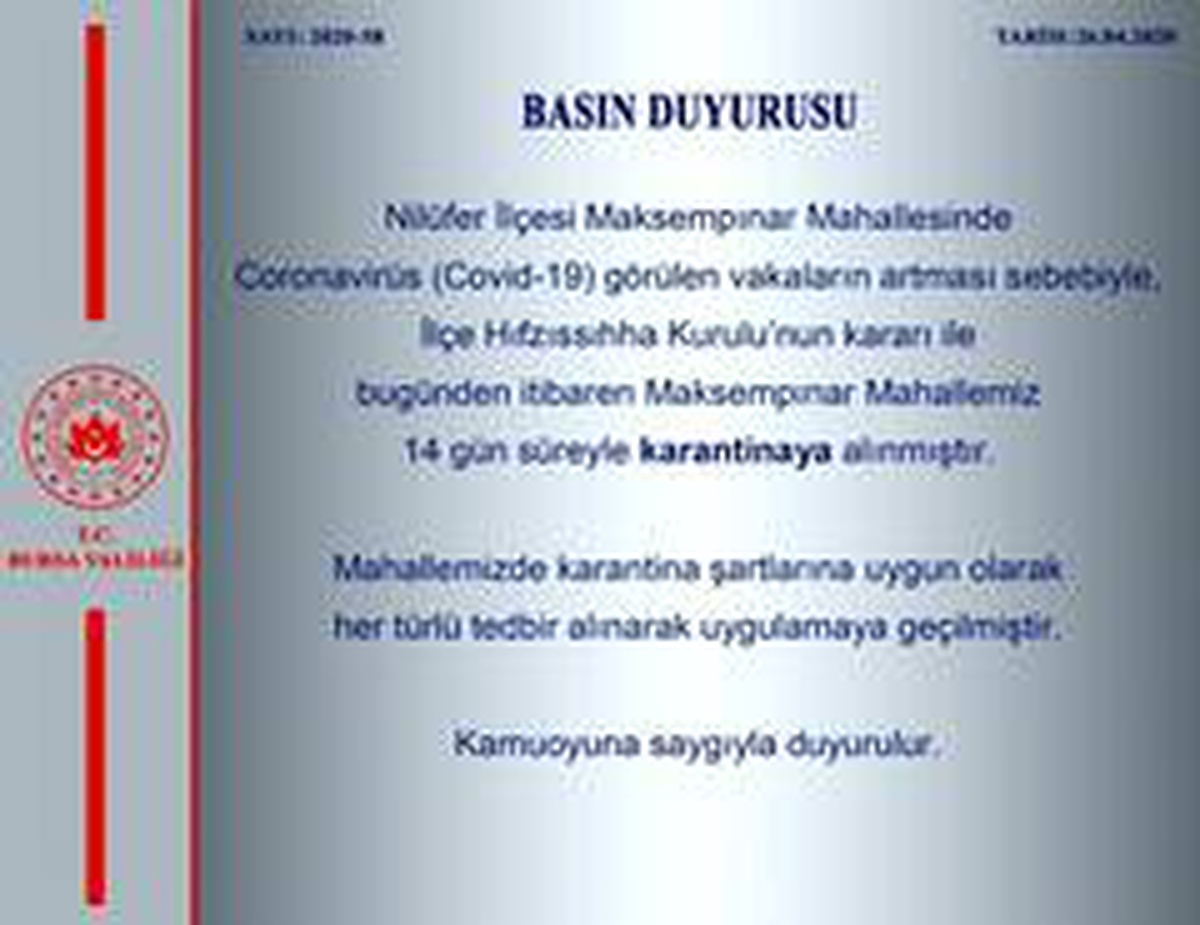 Bursa\'da bir mahalle karantina altına alındı