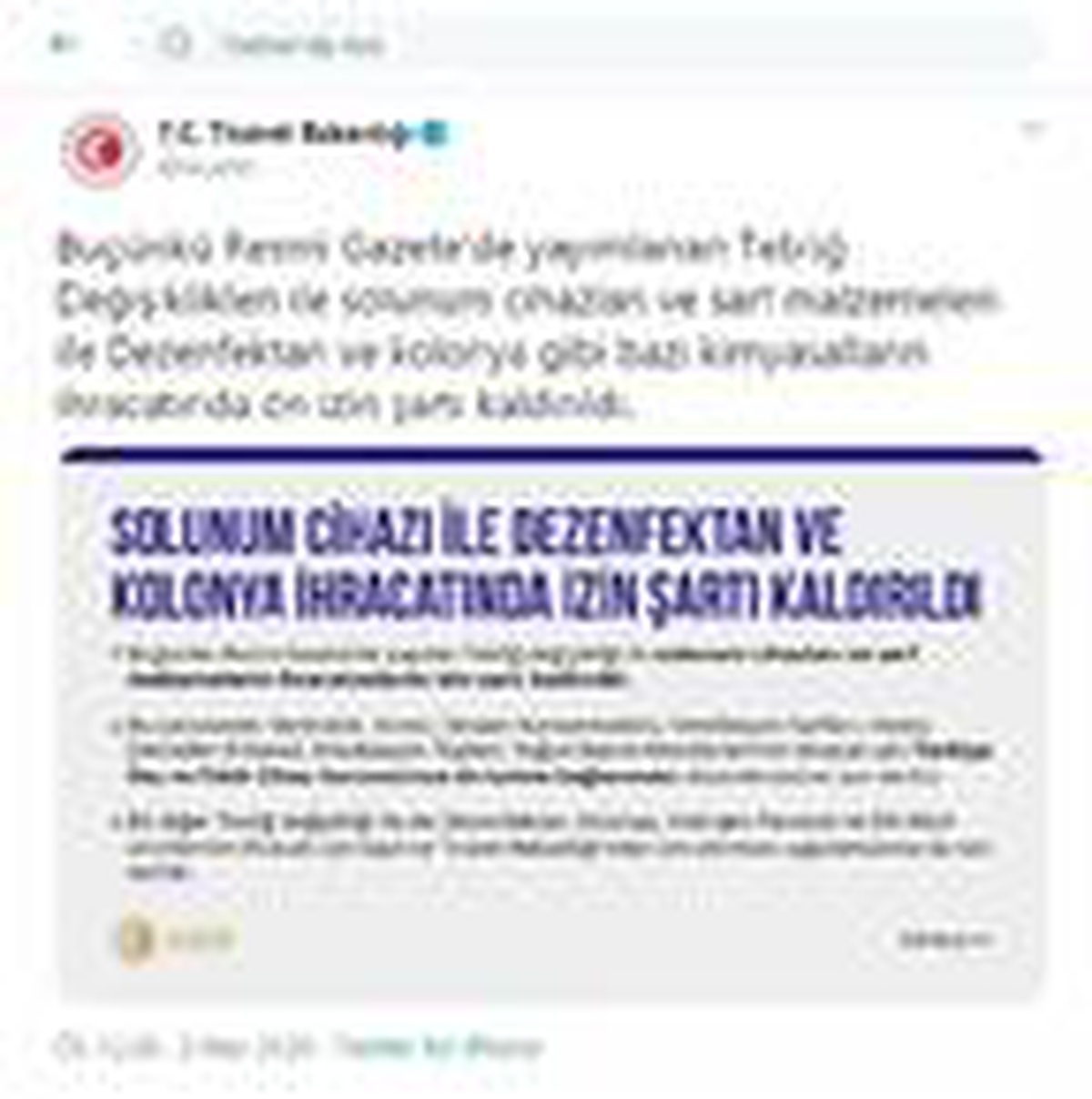 Solunum cihazı, dezenfektan ve kolonya ihracatında izin şartı kalktı