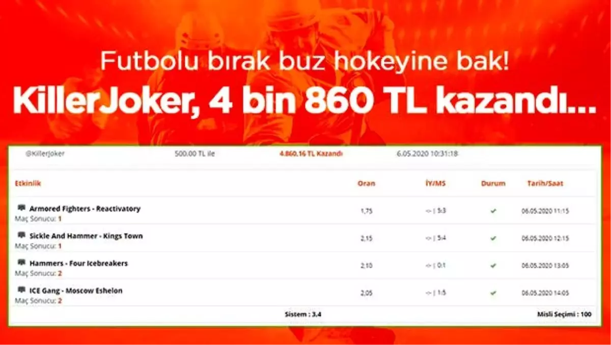 Futbolu bırak buz hokeyine bak! Sistemli iddaa kuponu yaptı, 4 bin 860 TL kazandı...