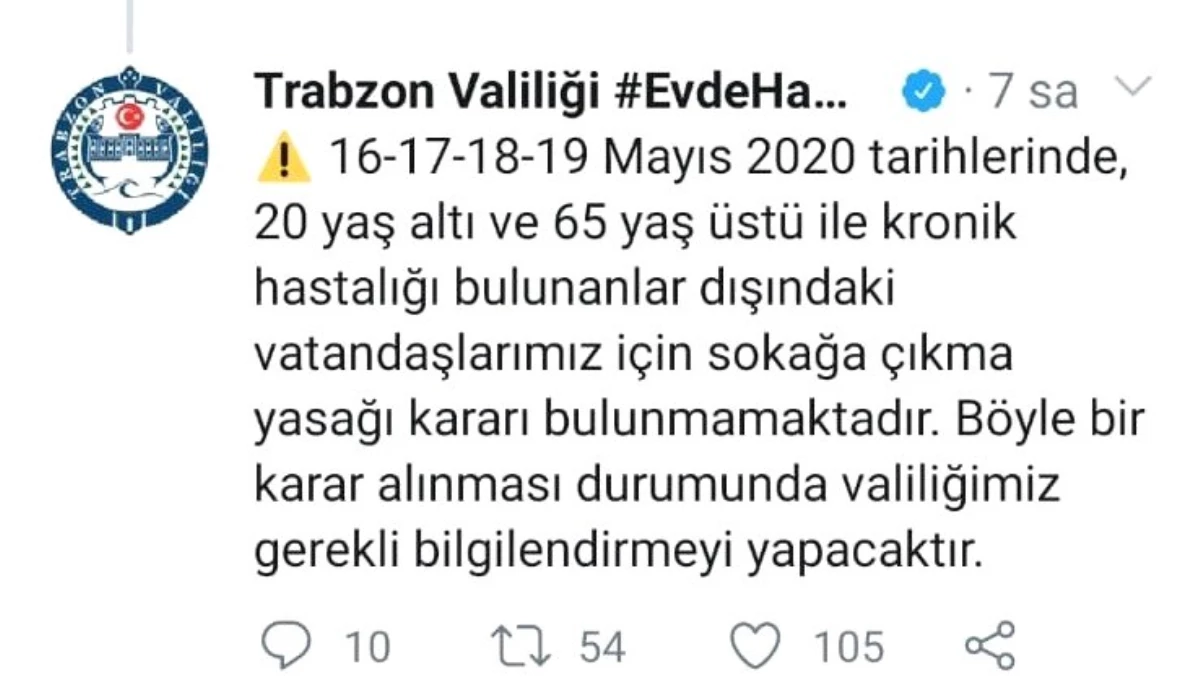 Trabzon\'da bu hafta sonu sokağa çıkma yasağı uygulanmayacak