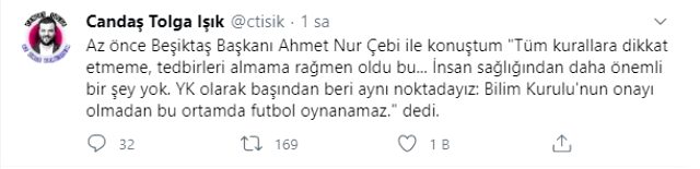Koronavürüse yakalanan Beşiktaş Başkanı Çebi: Bu ortamda futbol oynanamaz