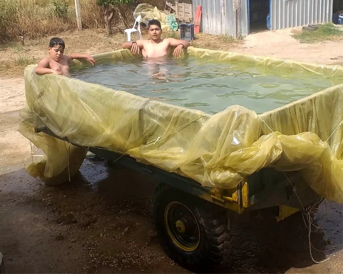 İzmir\'de vatandaşlar traktör römorkuna havuz yapıp serinledi