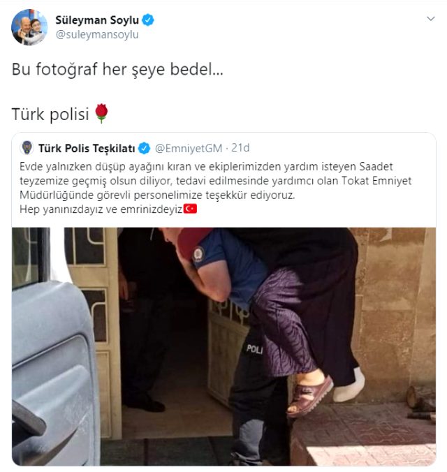 Süleyman Soylu, ayağı kırılan yaşlı kadını sırtında taşıyan polisin fotoğrafını paylaştı