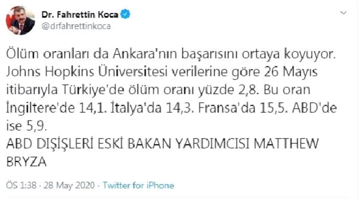 Bakan Koca, ABD\'li eski bakan yardımcısının \'Türkiye\' açıklamasını paylaştı