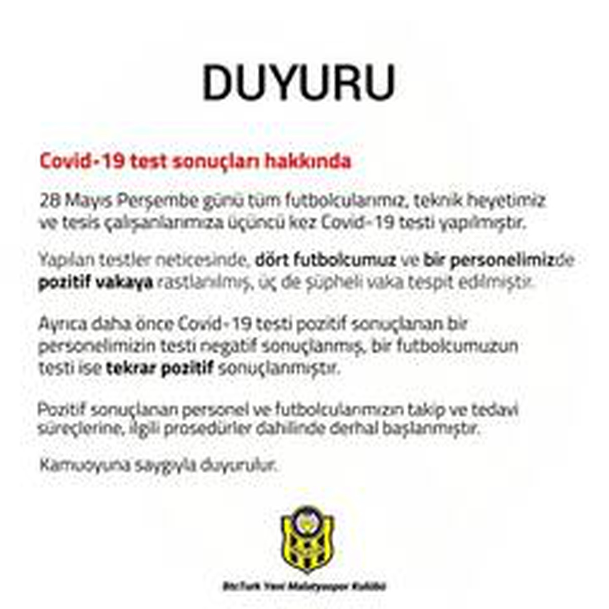 Yeni Malatyaspor\'da 4 futbolcu ve 1 personel de korona virüs çıktı