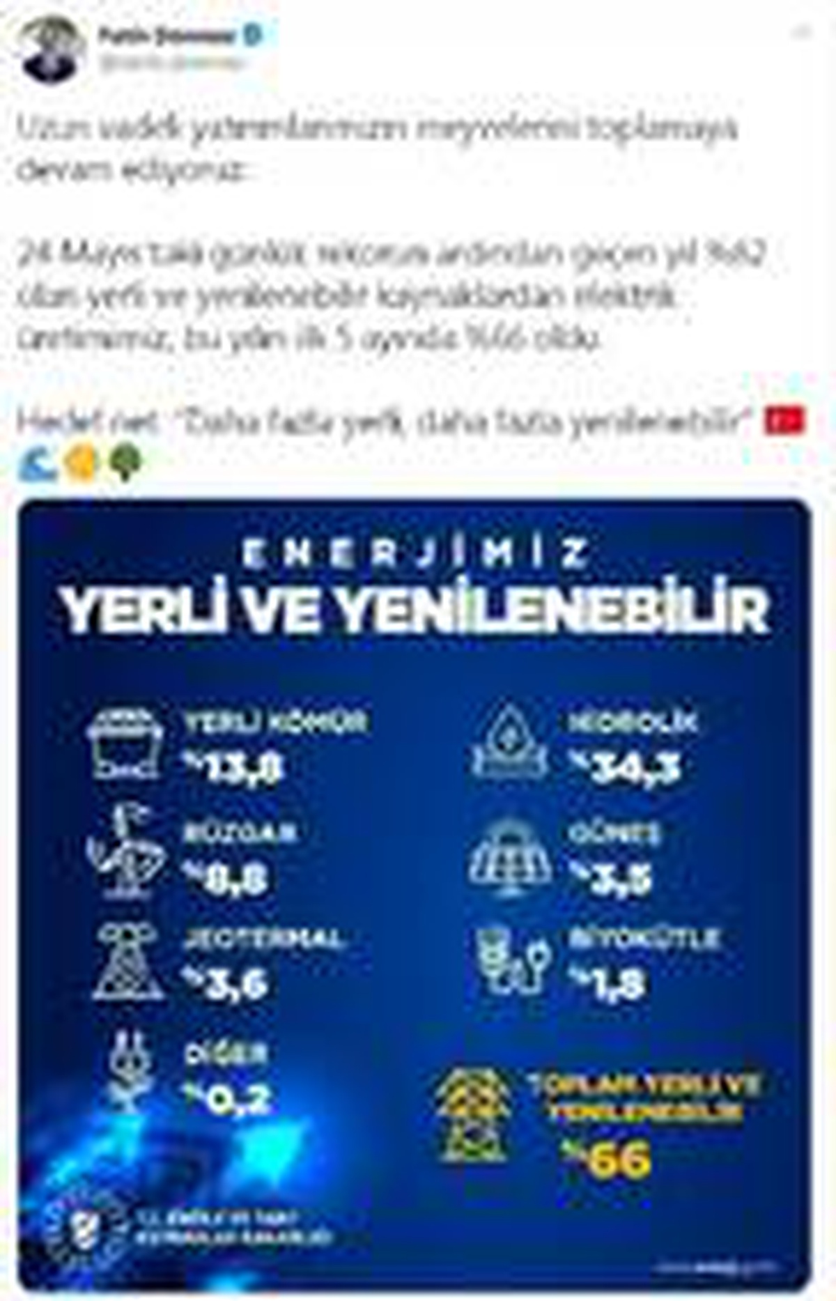 Bakan Dönmez: Yerli kaynaklardan elektrik üretimi ilk 5 ayda yüzde 66 oldu